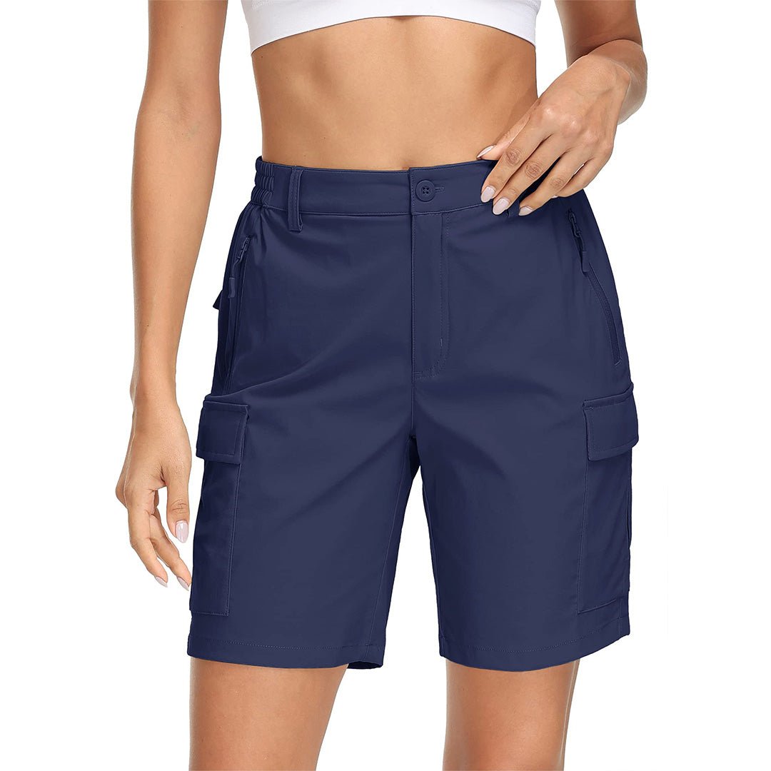 Women's khaki hiking cargo shorts lightweight quick-dry stretch nylon with secure multi-pockets