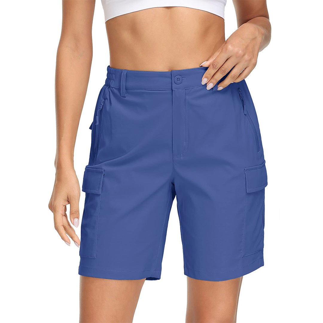 Women's khaki cargo hiking shorts lightweight quick-dry stretch fabric with secure zip pockets