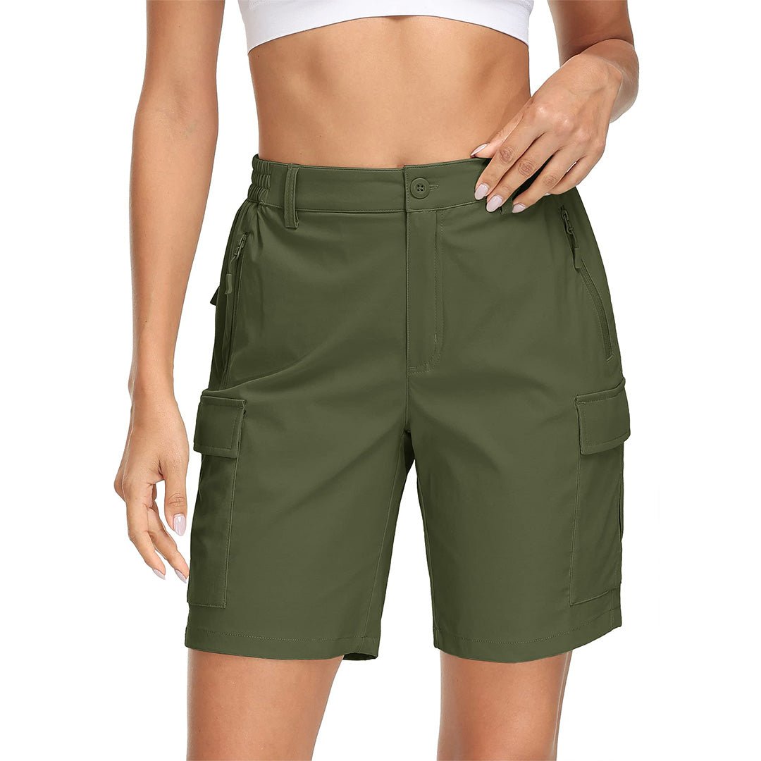 Women's khaki hiking cargo shorts lightweight quick-dry stretch nylon with secure multi-pocket design