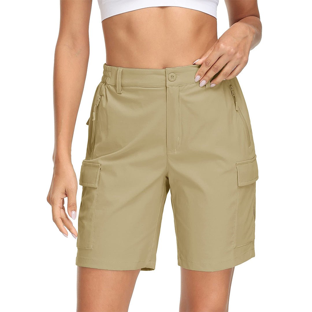 Women's khaki hiking cargo shorts lightweight quick-dry stretch nylon blend with secure zip pockets