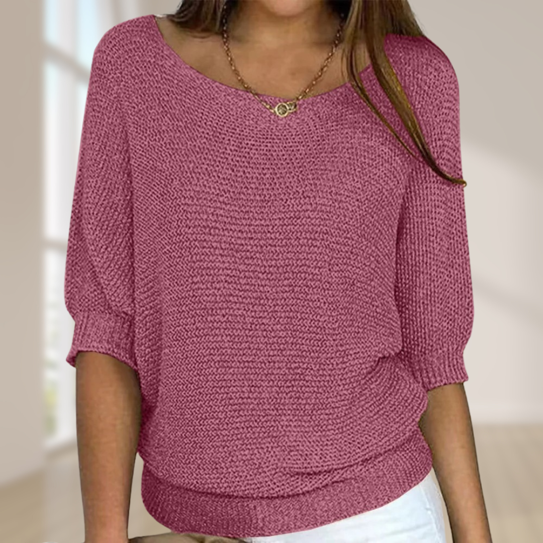 Women's half-sleeve knit sweater in neutral tone, regular fit, breathable fabric for all-day comfort