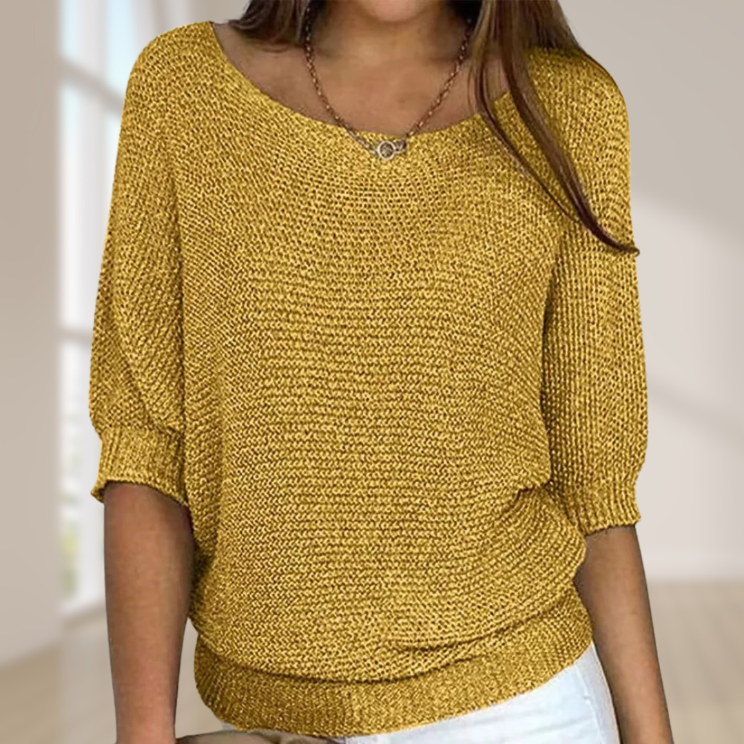 Women's half-sleeve knit sweater in neutral tone, regular fit, breathable fabric for all-day comfort