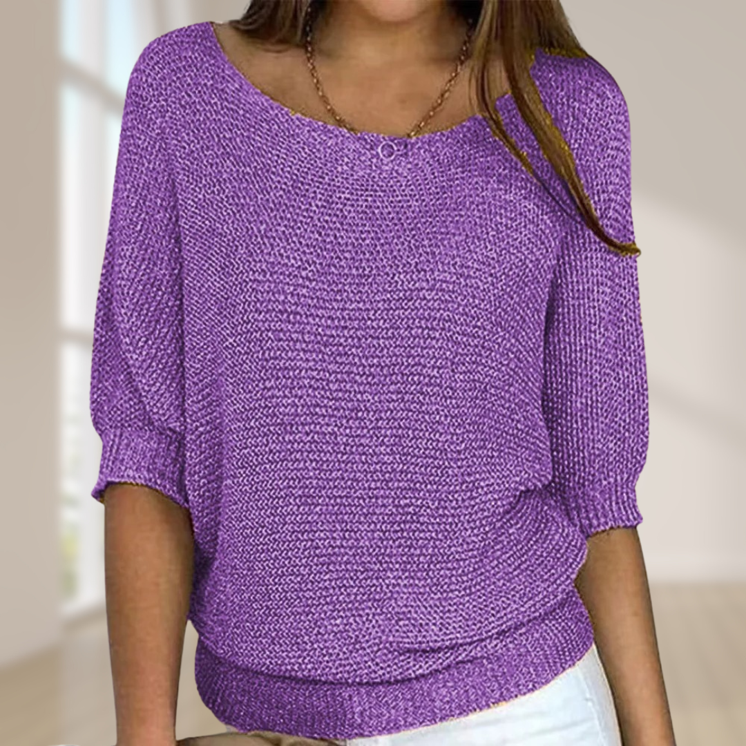 Women's half-sleeve knit sweater in neutral tone, regular fit, breathable everyday layering essential