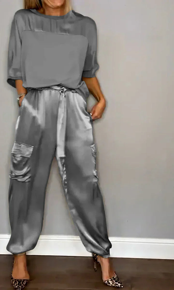 Ivory satin lounge set women flowing sleeves tailored pants luxury relaxed elegant silhouette