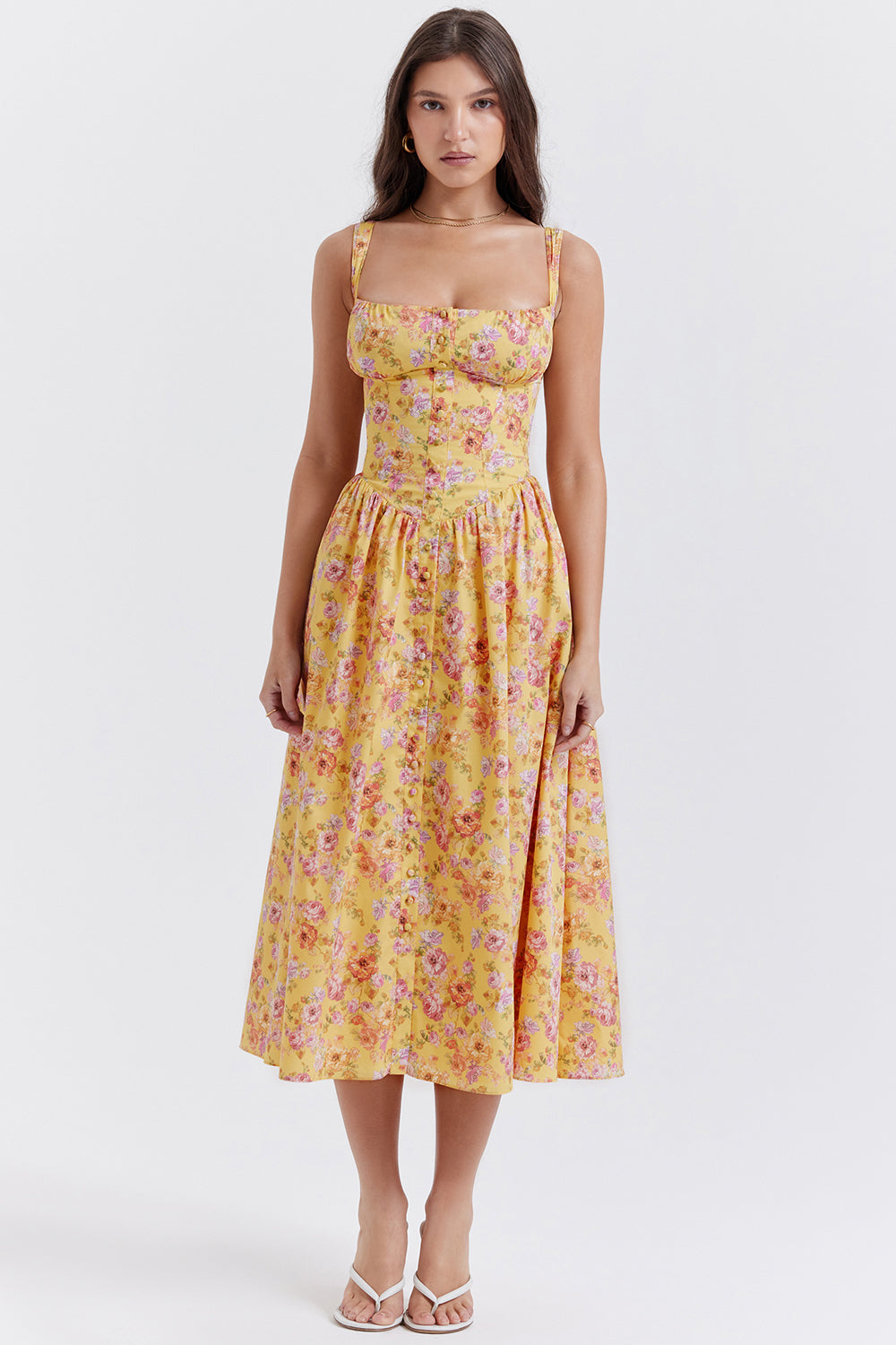 Women's floral midi dress in soft feminine print, mid-calf length, lightweight summer beach brunch style
