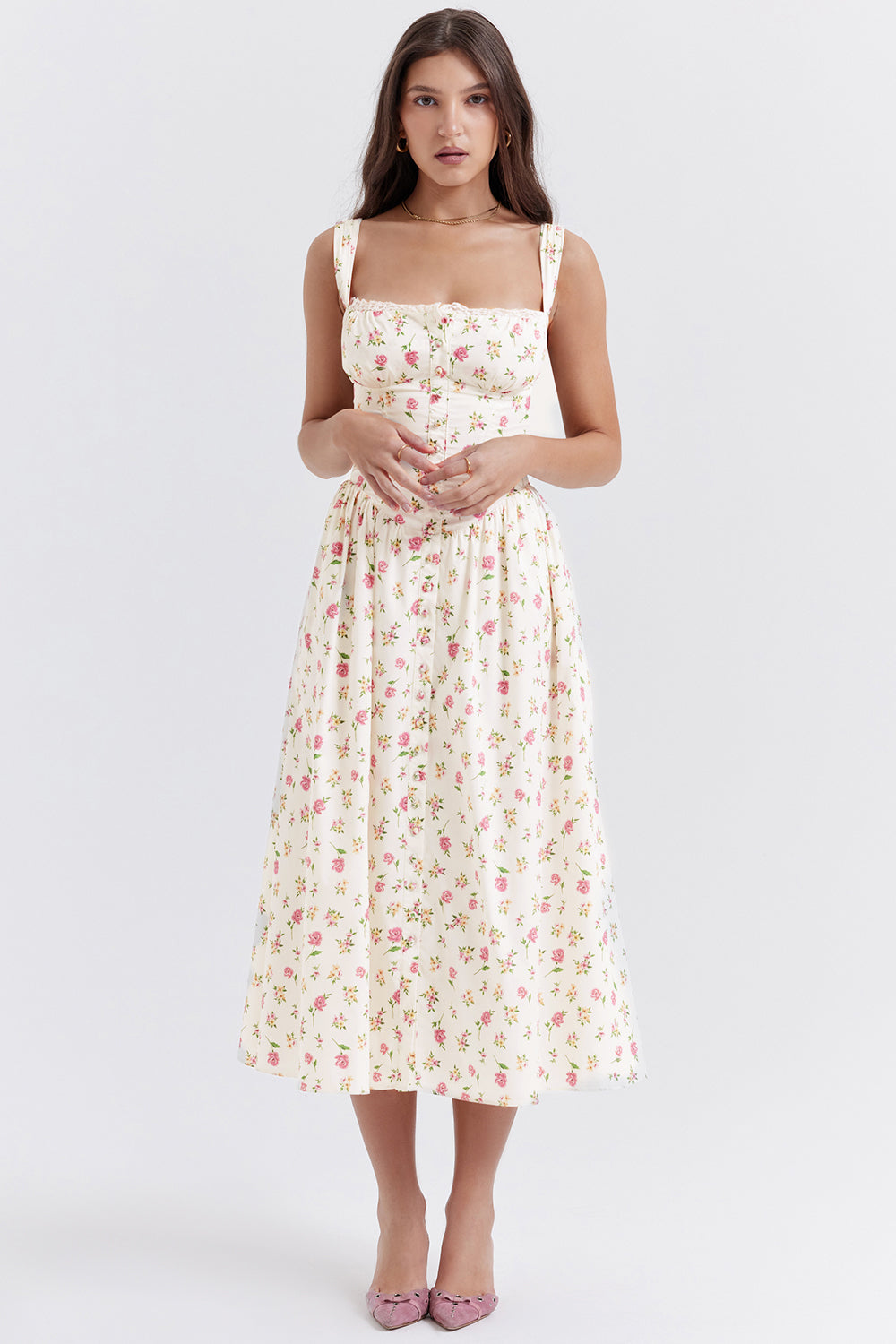 Women's floral midi dress, lightweight summer style, mid-calf length, all-over print