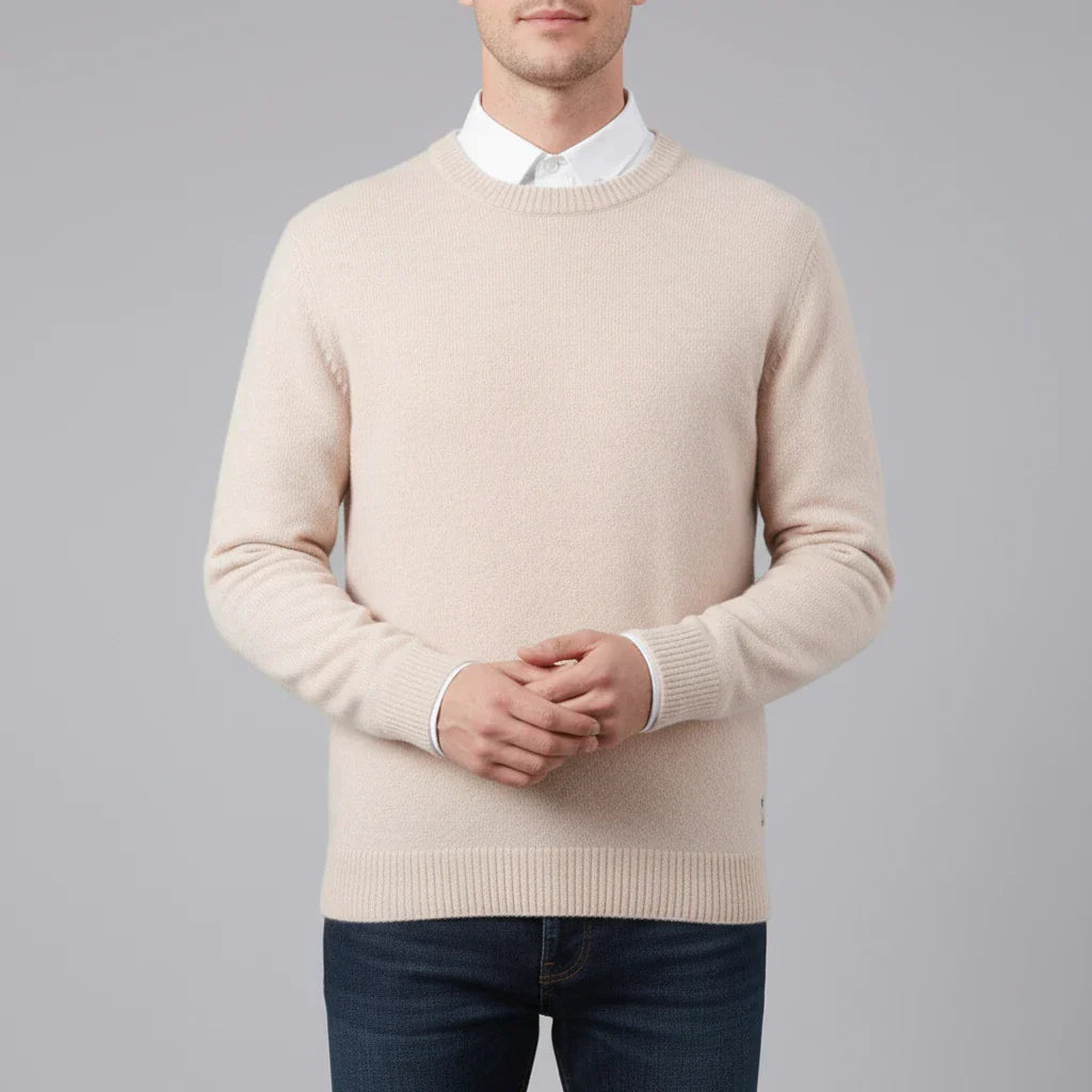 Men's light blue crew neck knit sweater regular fit classic layering wardrobe staple
