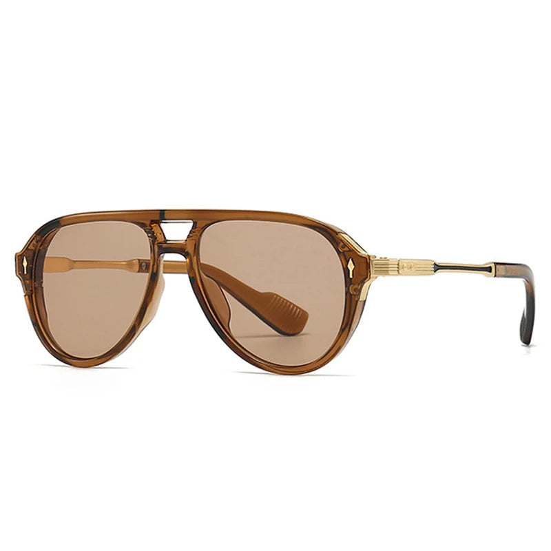 Men's gold dual-bridge aviator sunglasses with UV400 lenses, retro angular frame, lightweight acetate