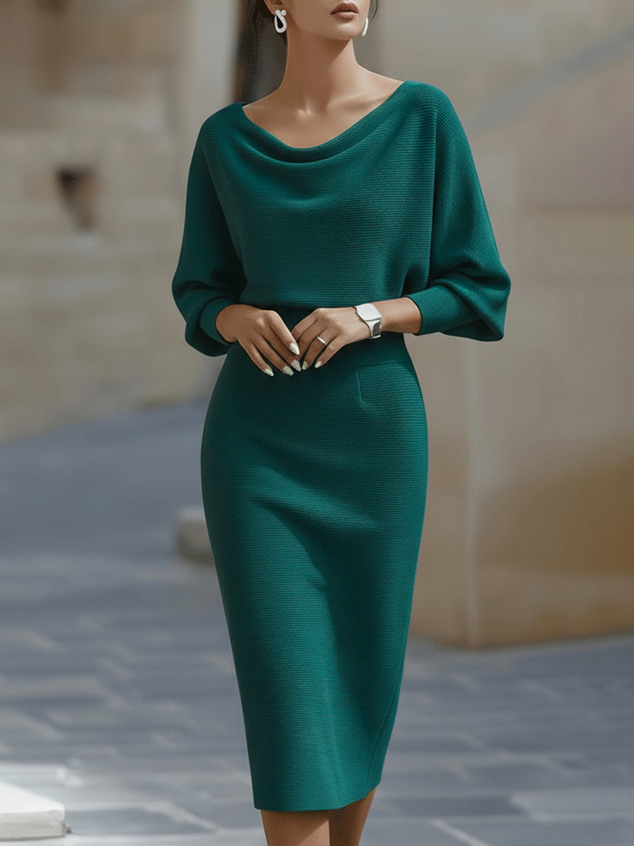 Draped midi knit gown in neutral tone, fluid silhouette with elegant draped neckline for women