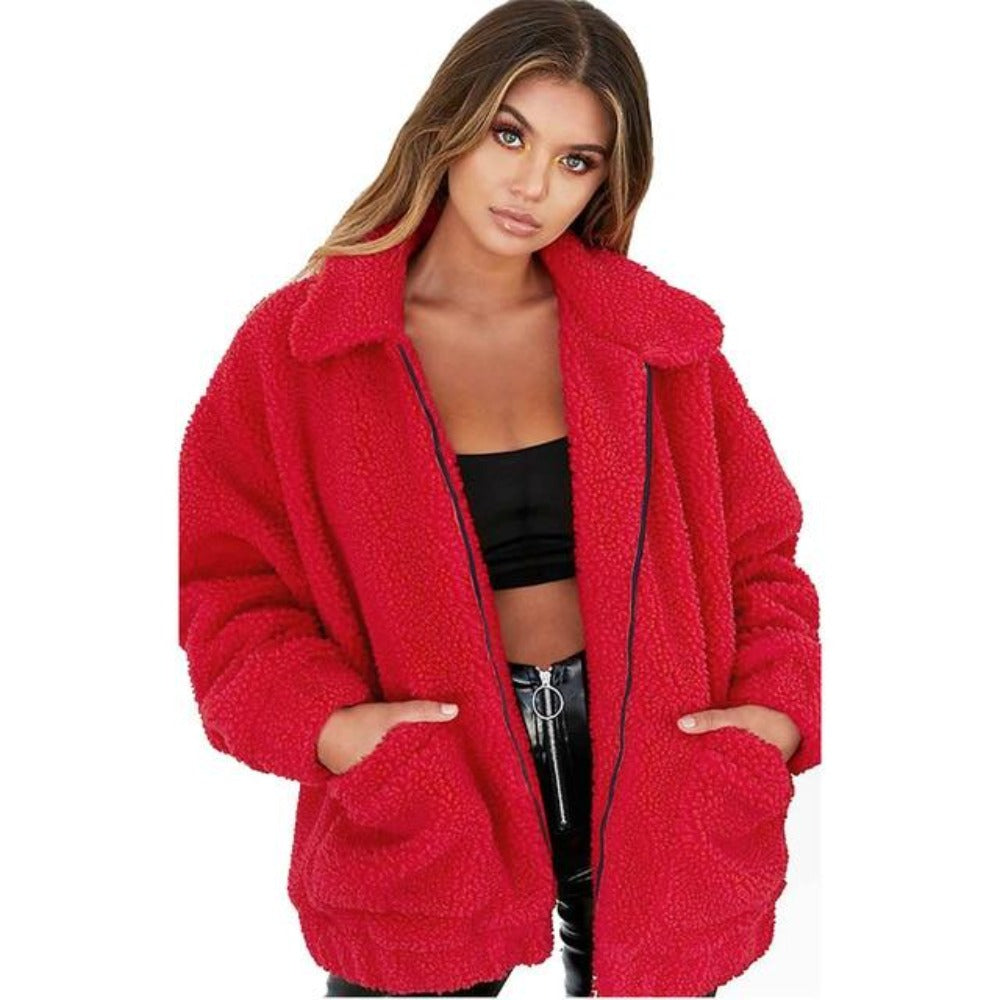 Women's oversized plush fleece coat zip-front high collar cozy casual warmth autumn winter layer