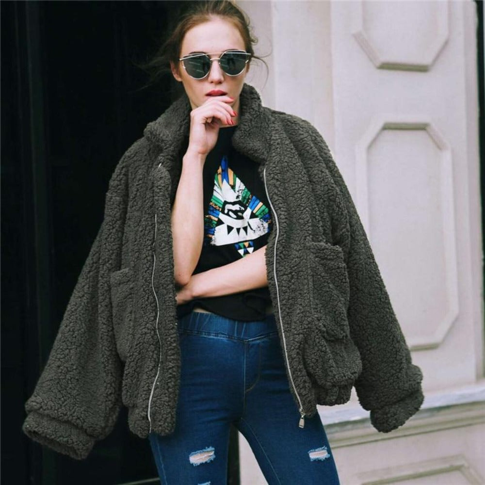 Women's oversized plush fleece coat zip-front high collar in cozy casual winter style