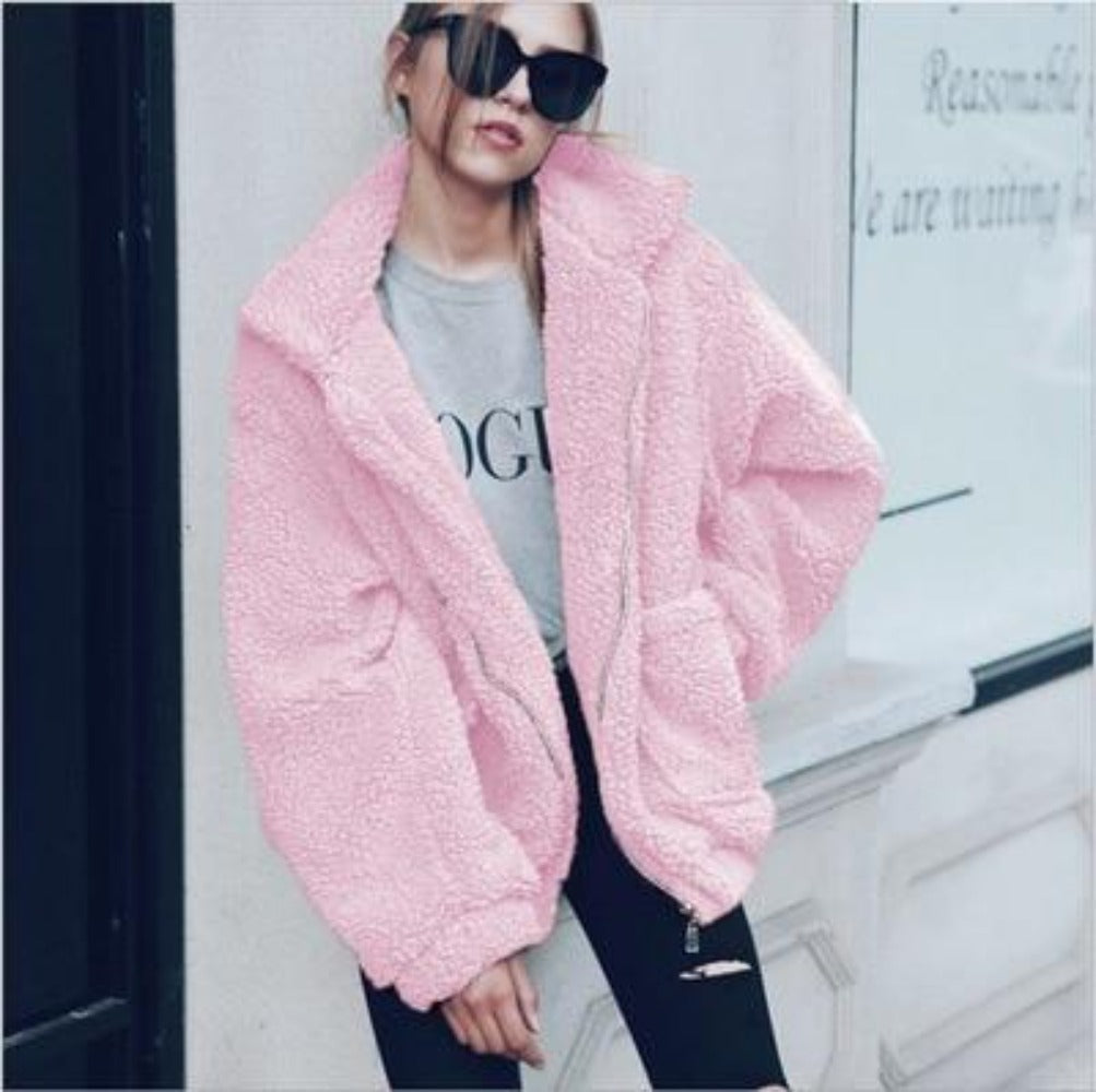 Women's oversized plush fleece coat zip-front high collar cozy warmth casual winter outerwear