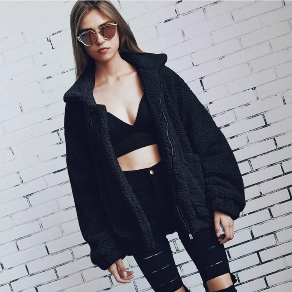 Women's oversized plush fleece coat zip-front high collar in cozy soft-brushed texture for warmth