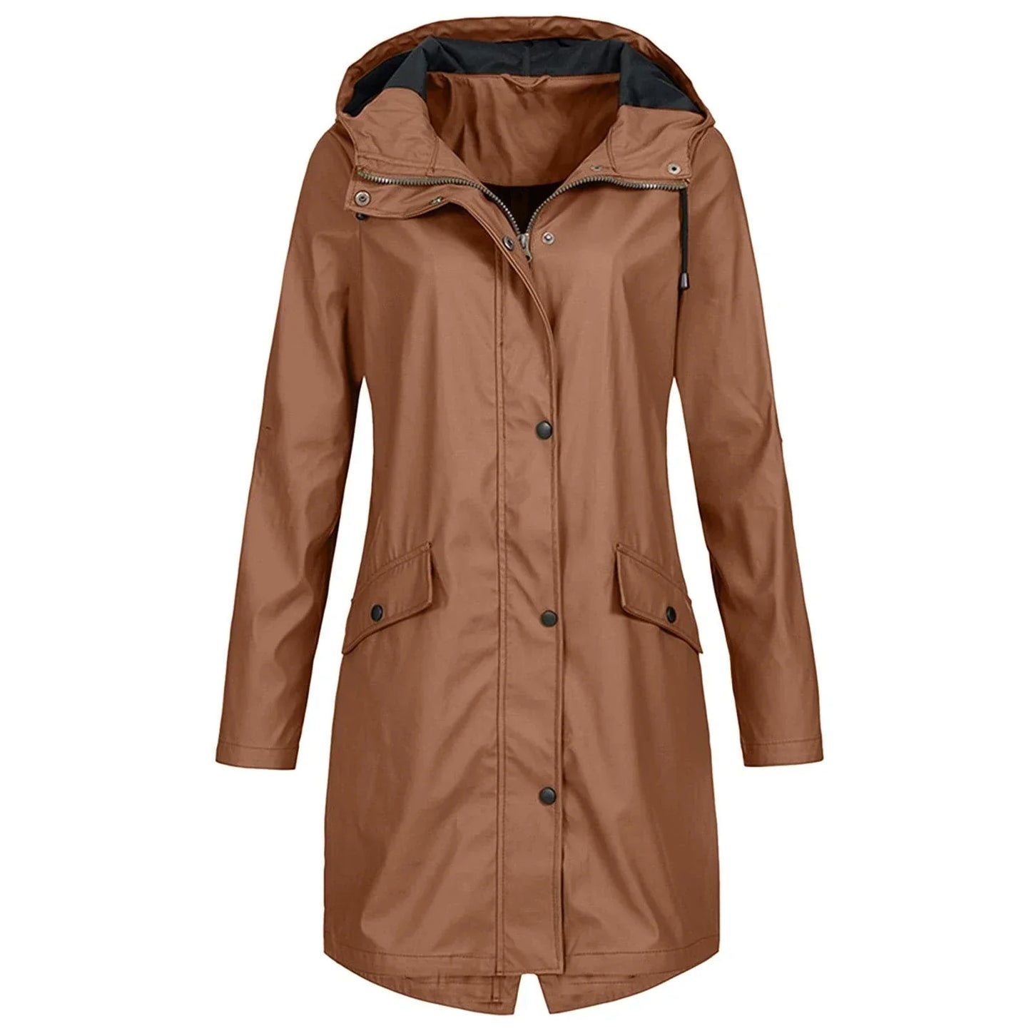 Women's olive hooded rain jacket mid-length silhouette with adjustable hood for light rain protection