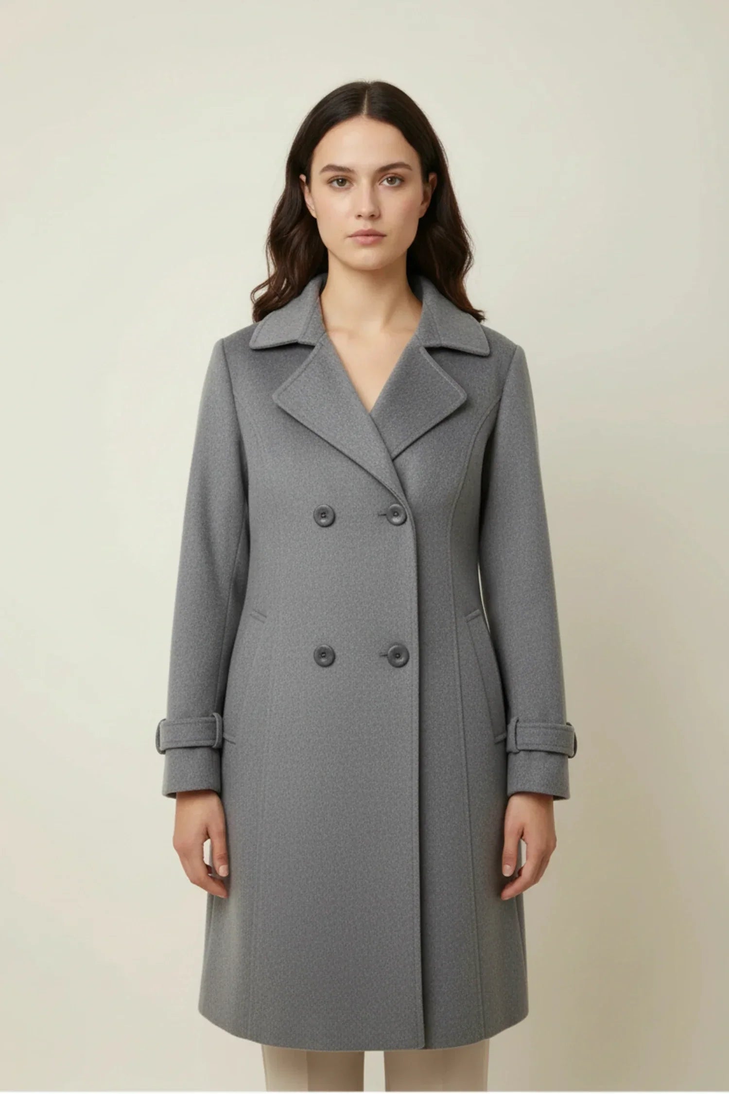 Women's double-breasted mid-length winter coat in classic style with sophisticated button closure