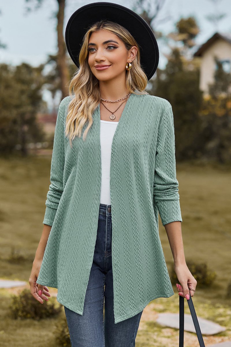 Women's open front long sleeve knit cardigan with cozy textured weave, versatile layering piece