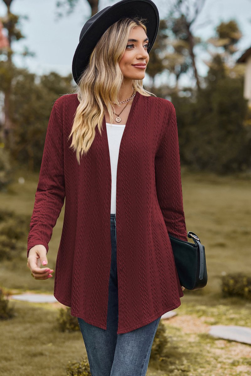 Women's open front long sleeve knit cardigan with textured cozy knit detail for layering