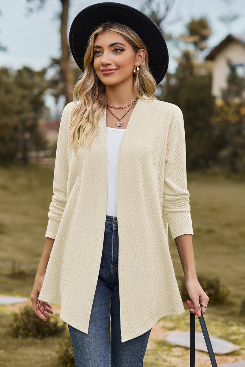 Women's open front long sleeve knit cardigan with cozy textured weave, perfect casual layering piece