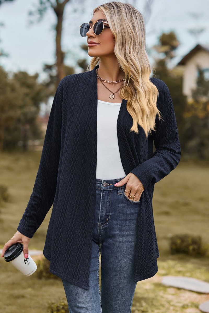 Women's open front long sleeve knit cardigan with cozy textured weave, versatile casual layering piece