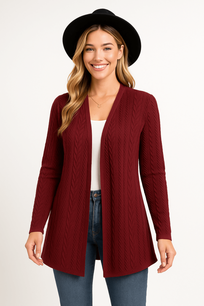 Women's textured open-front knit cardigan long sleeve cozy layering piece casual style