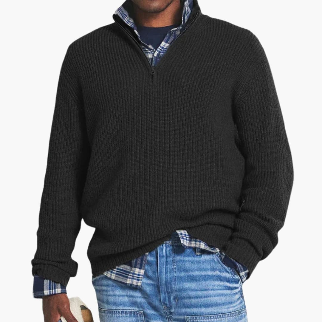 Men's navy half-zip pullover stand-up collar ribbed knit texture regular fit versatile