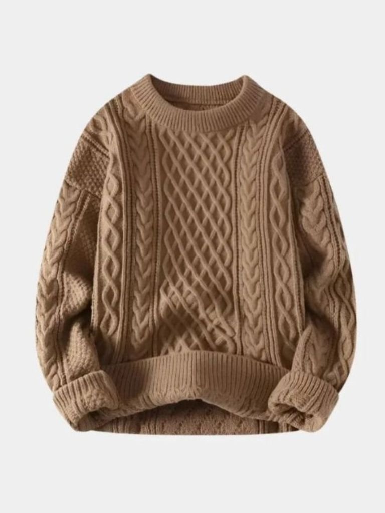 Men's cable knit crewneck sweater with rich textured pattern and ribbed trim for everyday warmth