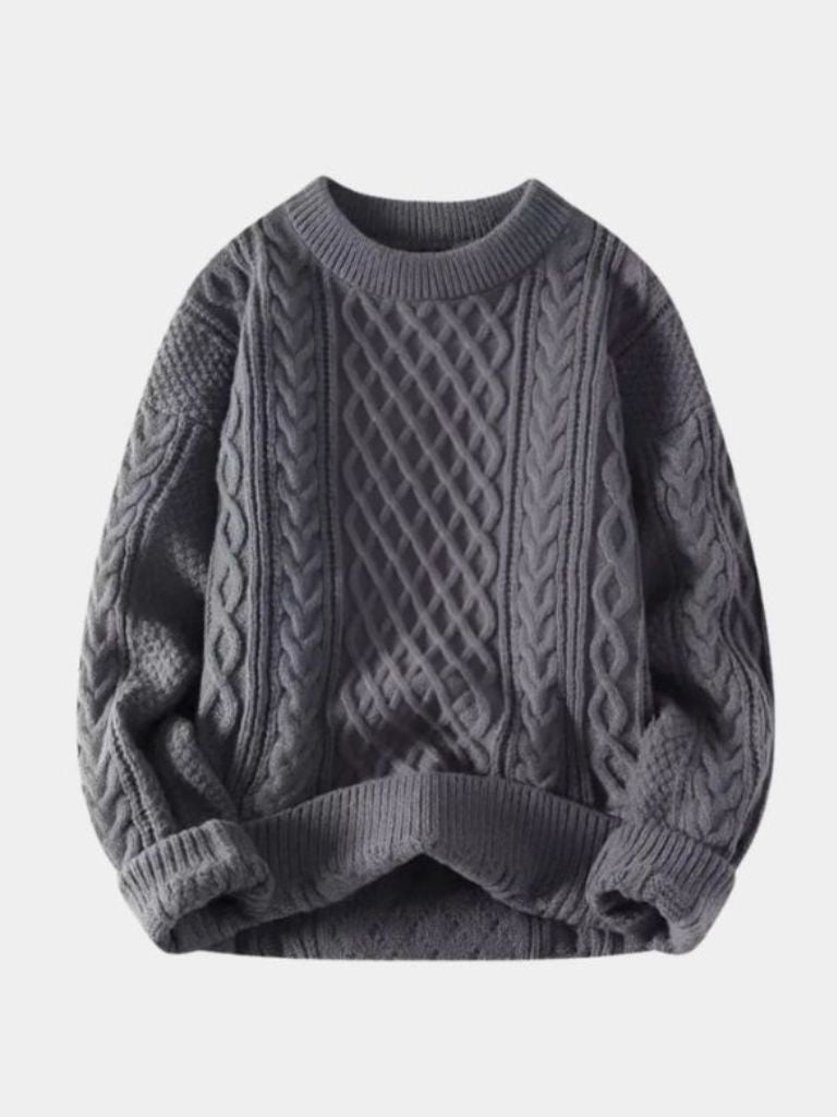 Men's cable knit crewneck sweater with rich textured pattern and ribbed trim for everyday warmth