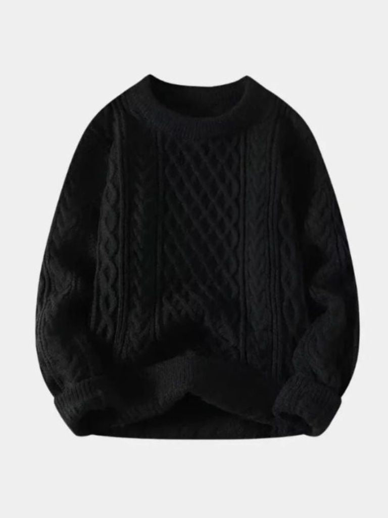 Men's cable knit crewneck sweater with rich textured pattern and ribbed trim for everyday warmth