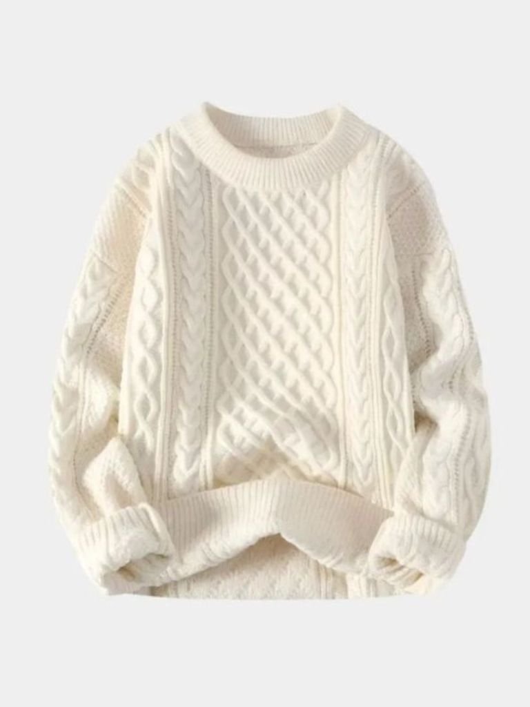 Men's cable knit crewneck sweater with rich texture, ribbed trim, classic structured silhouette
