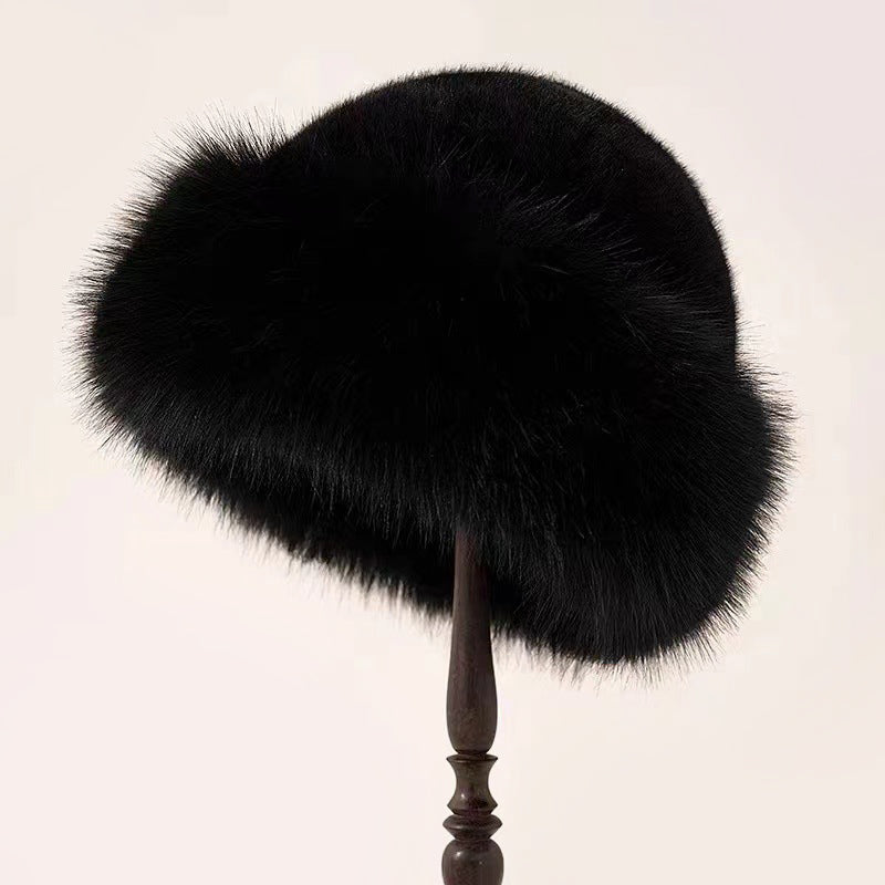 Women's brimless faux fur mink-style winter hat in plush ivory, elegant cozy couture cold-weather accessory