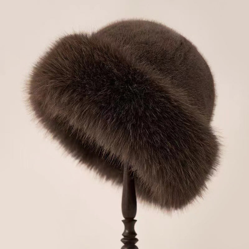 Women's brimless faux fur mink-style winter hat in plush ivory, cozy couture cloud-like texture