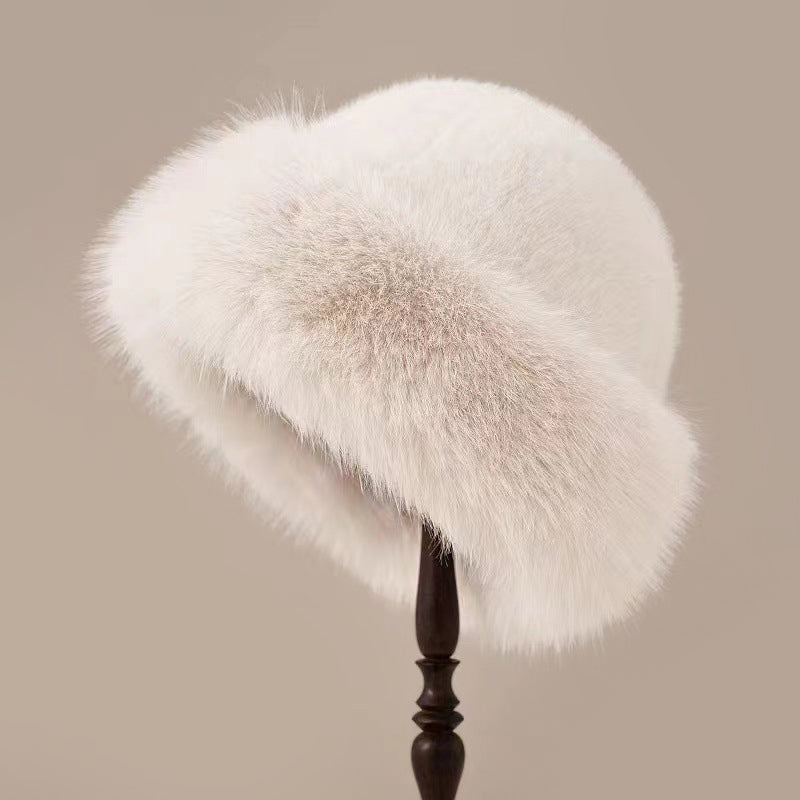 Women's brimless faux fur mink-style winter hat in plush ivory, cozy couture luxury cold-weather style