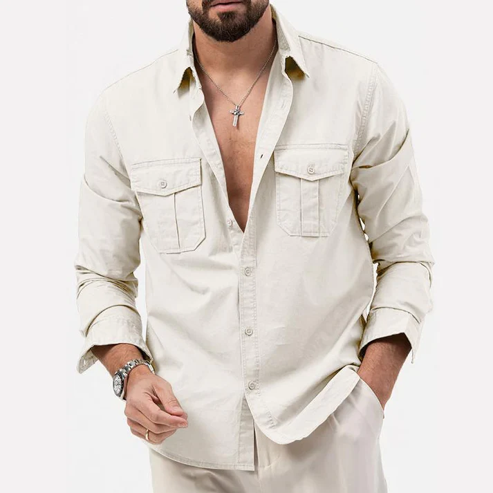 Men's utility shirt in solid cotton blend with rugged fit and two button-closure chest pockets