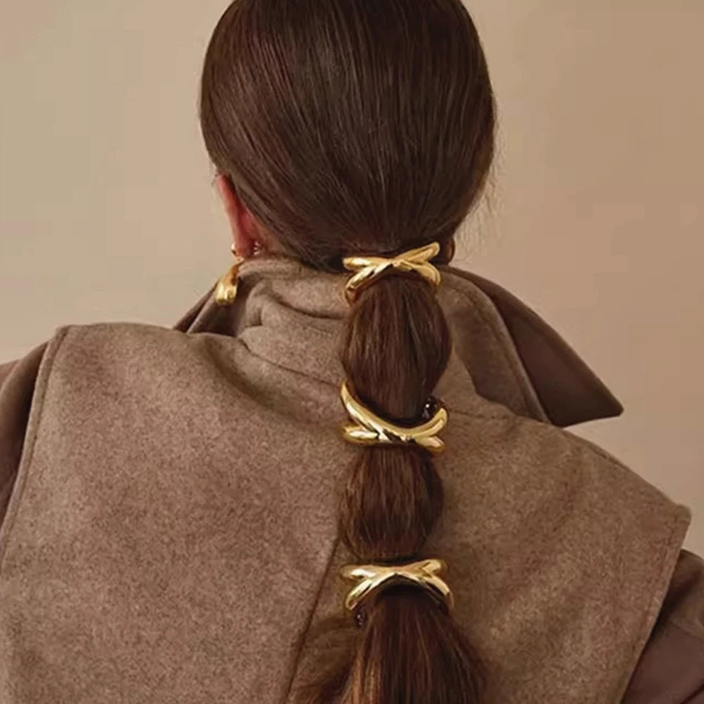 Cintura Halo gold ponytail cuffs set of 3, stackable high-shine sculptural hair accessories for braids