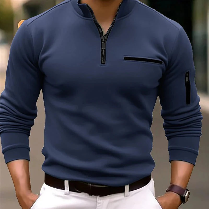 Men's slim fit quarter zip knit pullover sweater with zipper pocket in versatile everyday style