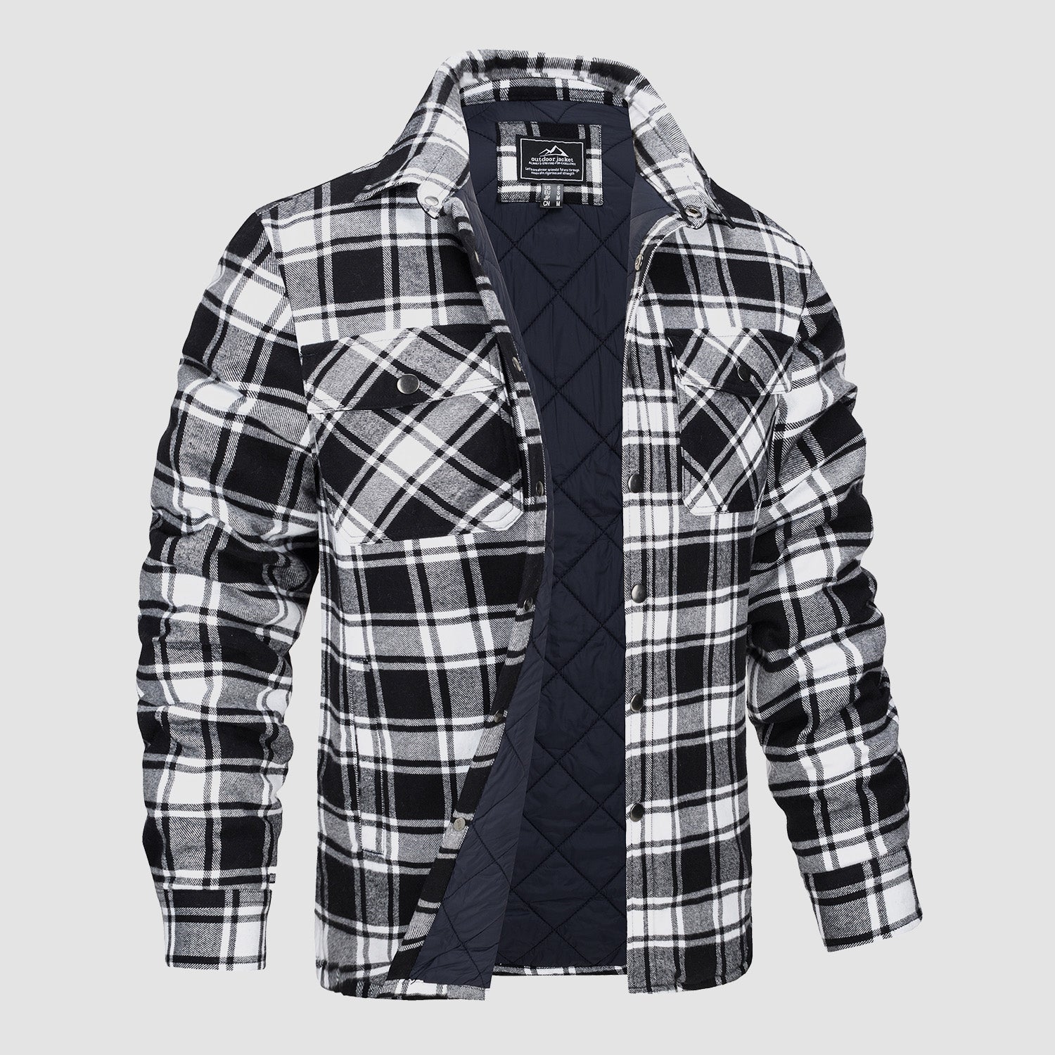 Men's orange charcoal plaid flannel shirt jacket with warm quilted lining for rugged outdoor style