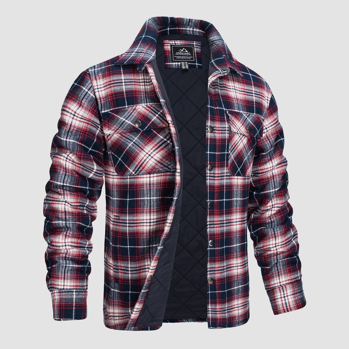 Men's orange charcoal plaid flannel shirt jacket with quilted lining rugged outdoor style