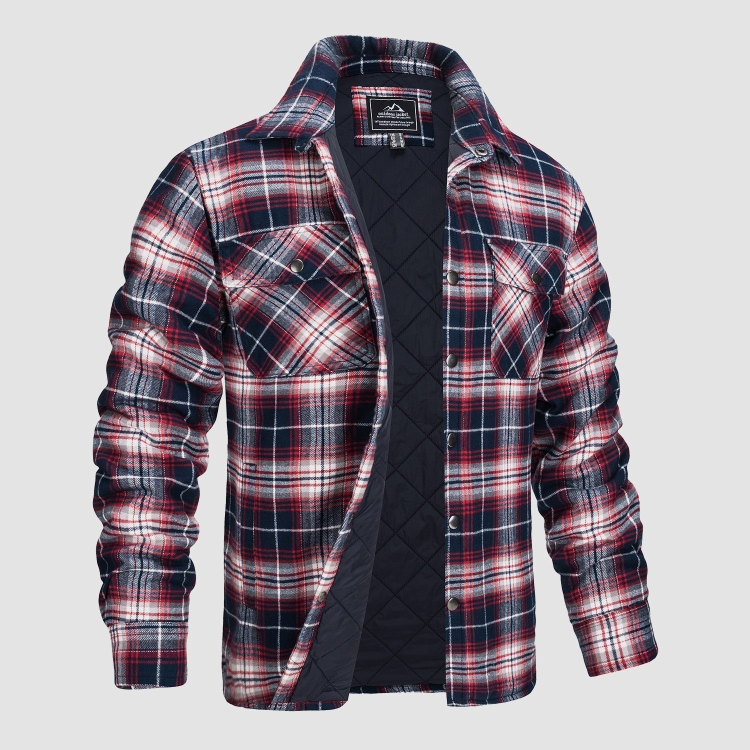 Men's orange charcoal plaid flannel shirt jacket with quilted lining rugged outdoor style