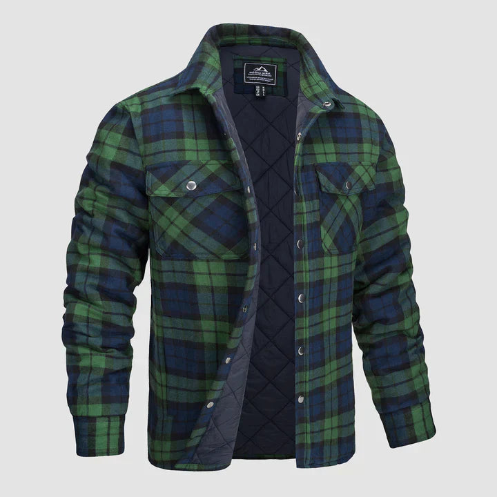 Men's orange charcoal plaid flannel shirt jacket with quilted lining rugged outdoor style