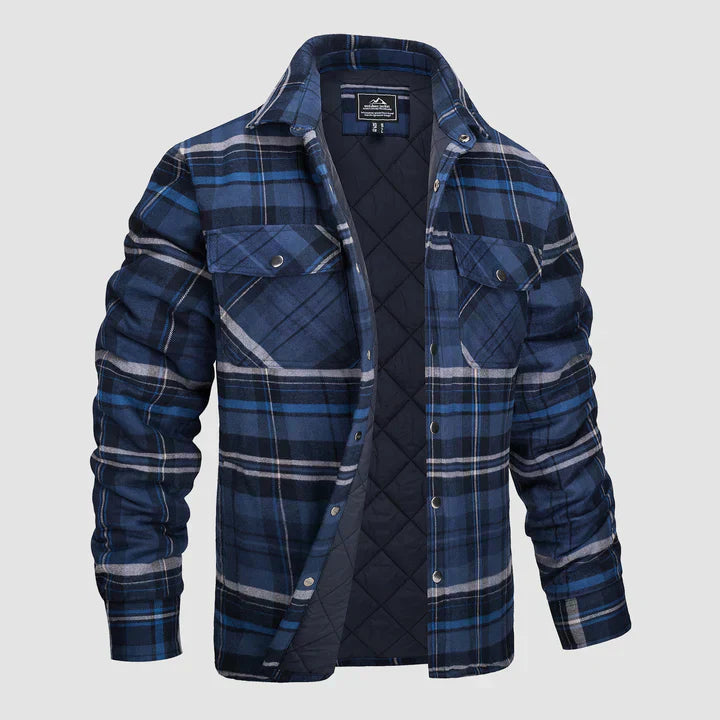 Men's orange charcoal plaid flannel shirt jacket with quilted lining rugged outdoor style