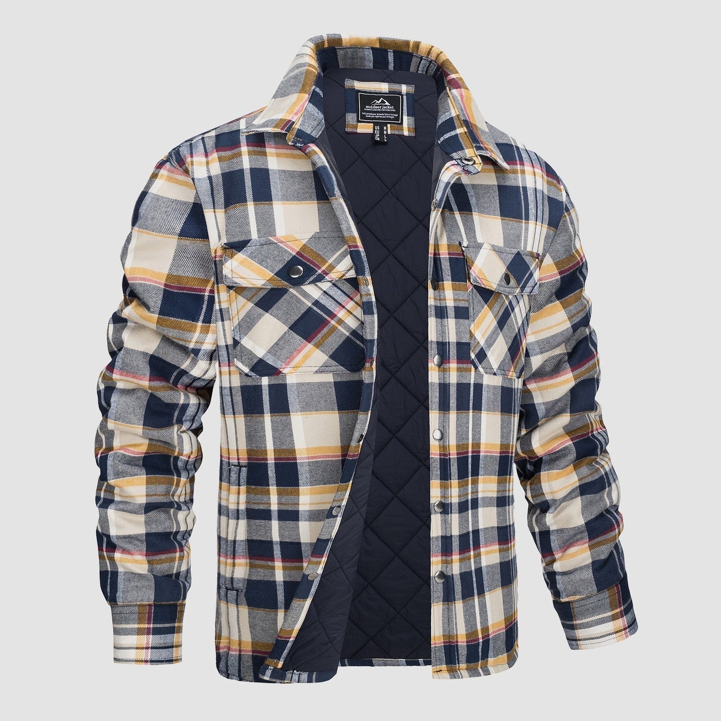Men's orange charcoal plaid flannel shirt jacket with quilted lining rugged outdoor style