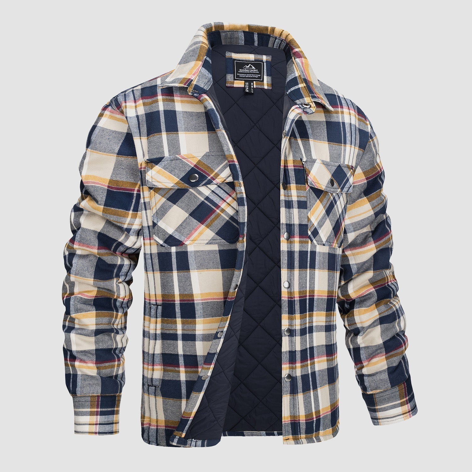 Men's orange charcoal plaid flannel shirt jacket with quilted lining rugged outdoor style