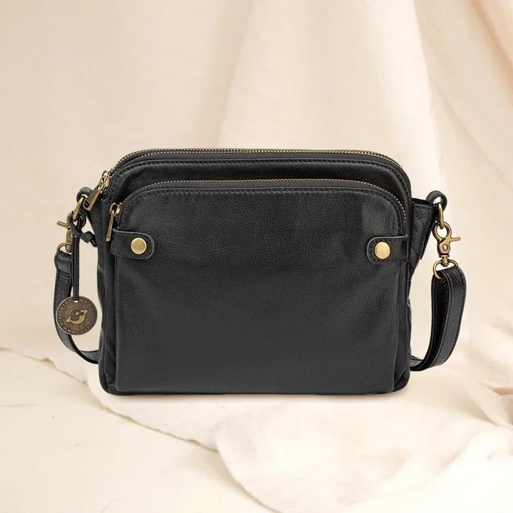 Elegant black leather three-section shoulder bag clutch with detachable strap for modern professionals