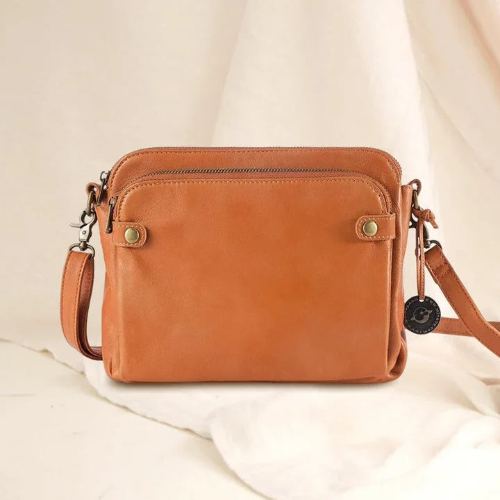 Elegant three-section leather shoulder bag clutch convertible crossbody tan professional women