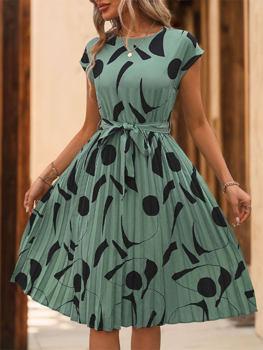 Floral pleated cap sleeve dress with adjustable tie waist, feminine silhouette for elegant everyday wear