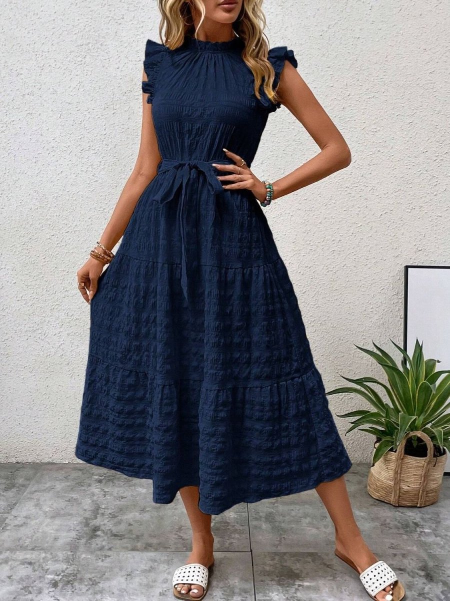 Floral midi dress with ruffled cap sleeves, tie waist, and romantic feminine silhouette for garden events