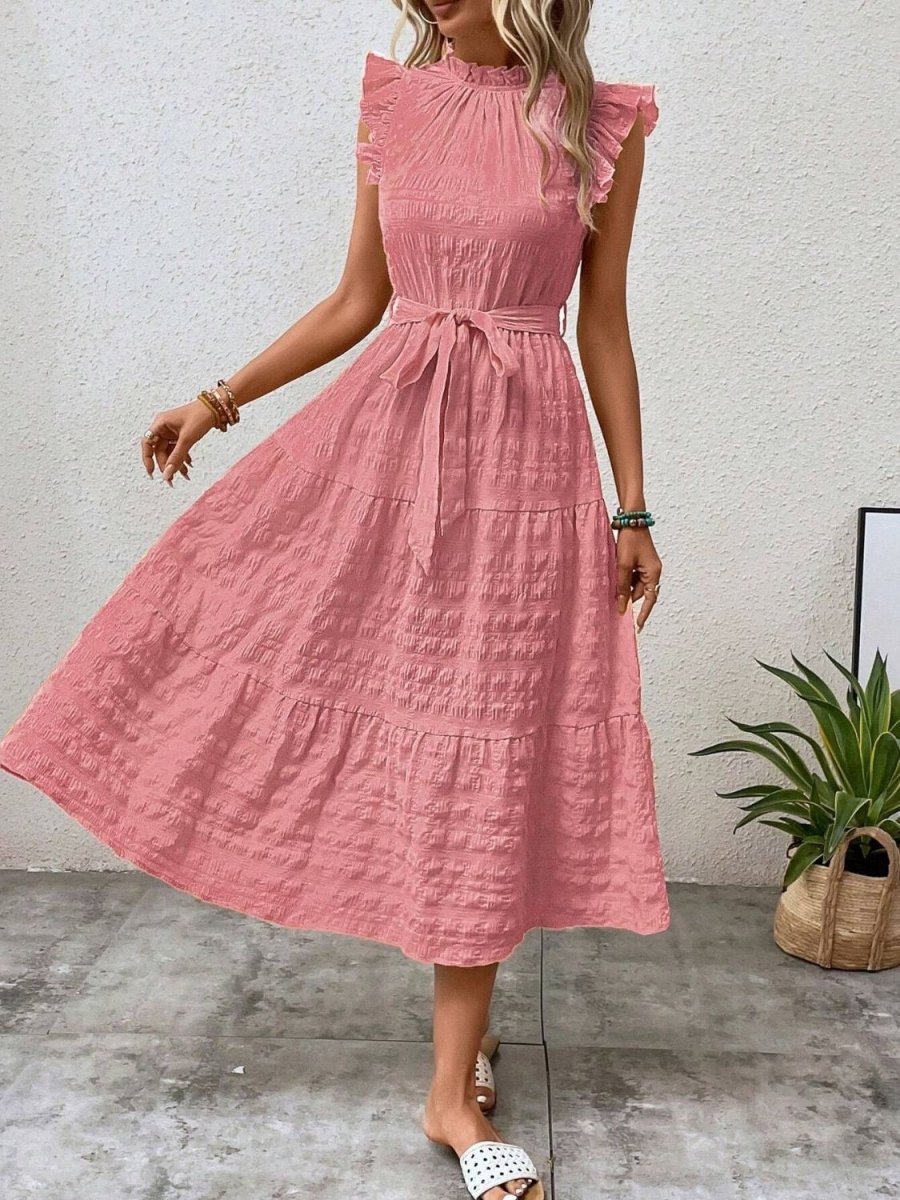 Floral midi dress with ruffled cap sleeves, tie waist, and feminine silhouette for garden occasions