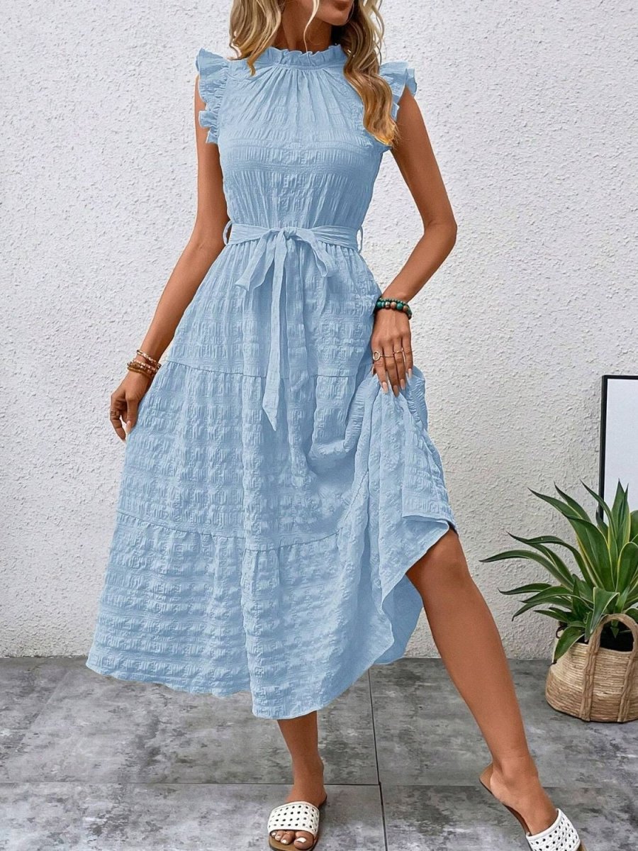 Floral midi dress with ruffled cap sleeves, tie waist, and elegant feminine silhouette for garden events