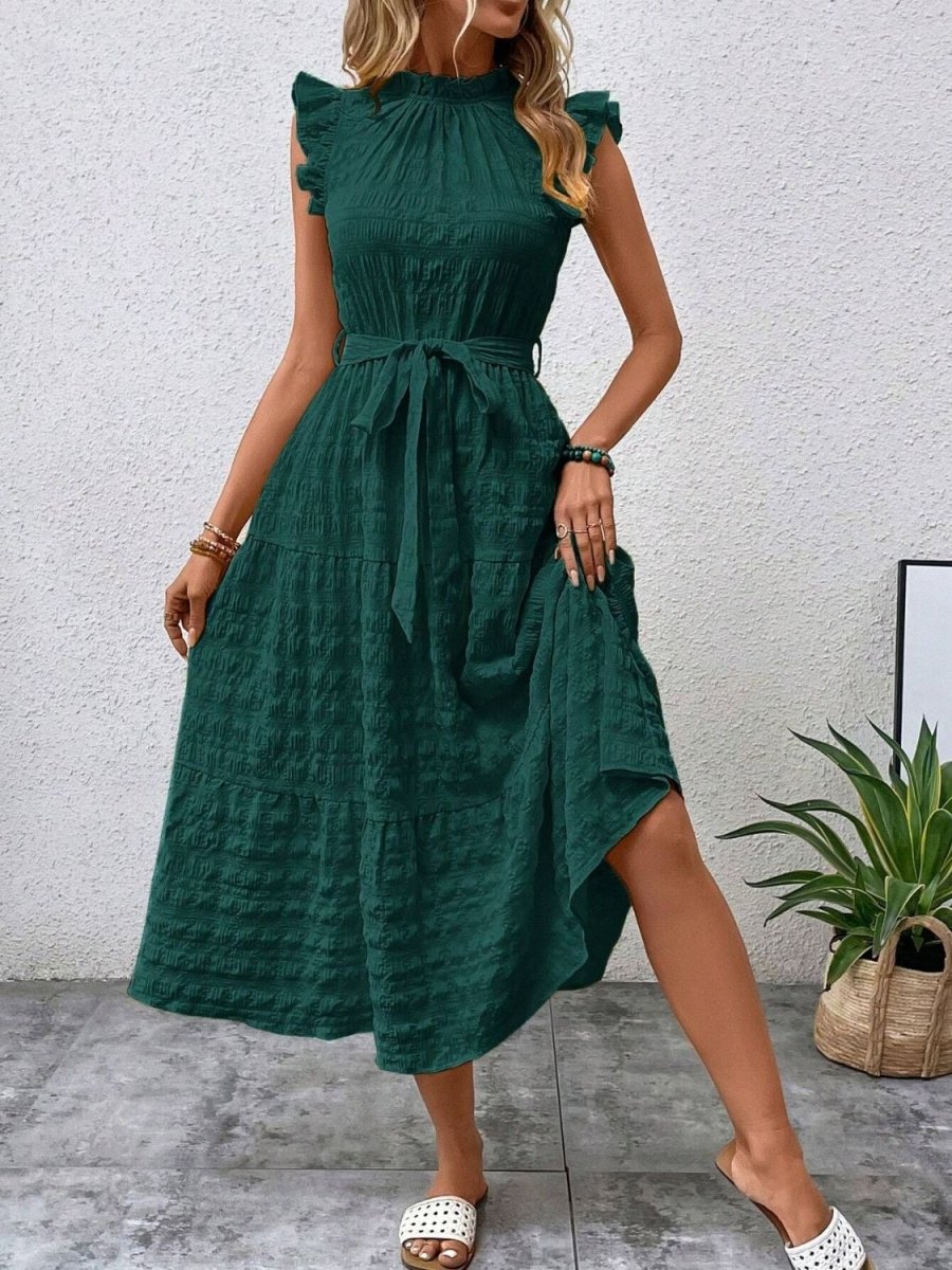 Floral midi dress with ruffled cap sleeves, tie waist, and elegant feminine silhouette for garden events