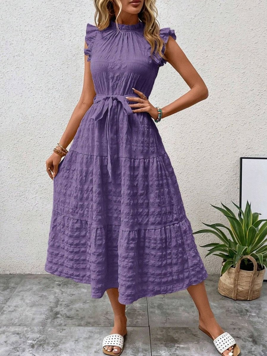 Floral midi dress with ruffled cap sleeves, tie waist, and romantic silhouette for garden weddings